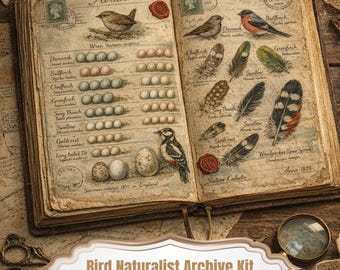 Può includere: Un libro vintage aperto con illustrazioni dettagliate di uccelli, uova e piume. Le pagine sono invecchiate con etichette manoscritte e timbri. Il testo "Bird Naturalist Archive Kit" è visualizzato in basso.