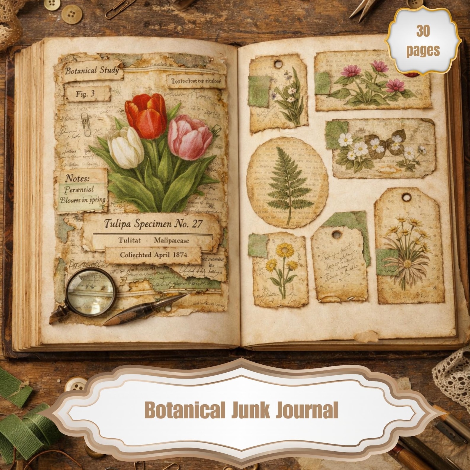 Botanical Junk Journal Kit Printable, Vintage Floral Ephemera, Tags ...