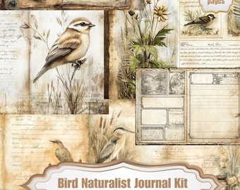 May include: A collage-style journal kit with a vintage aesthetic. The design features illustrations of birds, botanical elements, and handwritten text. The text "Bird Naturalist Journal Kit" is displayed on a banner. The journal has 32 pages.