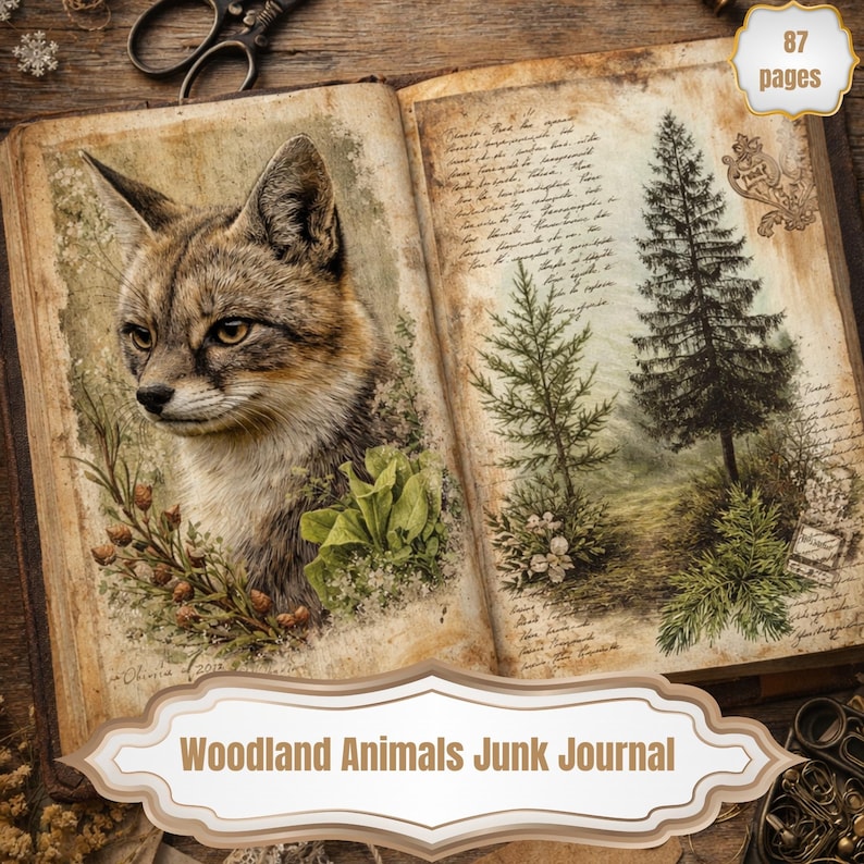 Woodland Animals Junk Journal Kit, Vintage Forest Ephemera, Tags, Cards ...