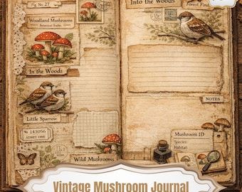 May include: Open vintage journal with aged paper pages. Features illustrations of mushrooms, birds, and botanical studies. Includes text: "Mushroom Specimens," "Into the Woods," and "Vintage Mushroom Journal." The journal has 22 pages.
