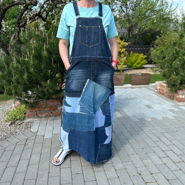 Upcycled Denim Patchwork Overall Blauer langer Latzrock Größe L/XL