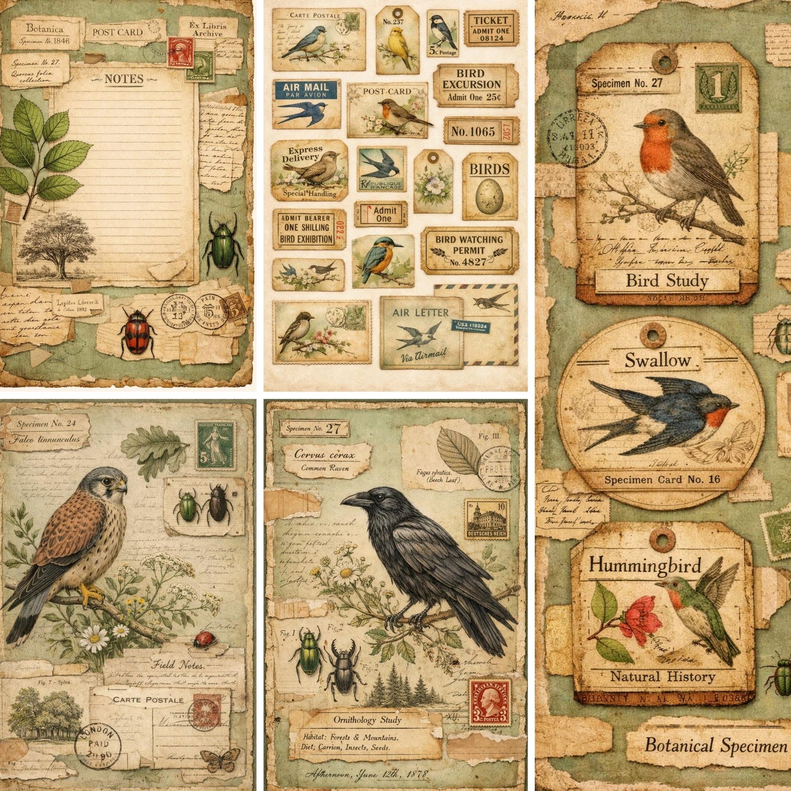 Vintage Bird Ephemera Kit – 66 Printable Pages, Junk Journal, Tags ...