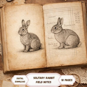 May include: An open book with aged pages features two detailed pencil drawings of rabbits. The left page shows a full rabbit, while the right page has a rabbit with ledger-style notes. The bottom banner reads "SOLITARY RABBIT FIELD NOTES" and "10 PAGES".