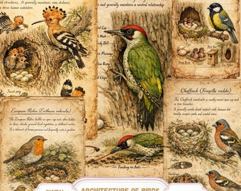Può includere: Download digitale di "Architecture of Birds Journal Pages". Le pagine in stile vintage presentano illustrazioni di varie specie di uccelli, tra cui l'Upupa, la Cinciallegra e il Fringuello, con descrizioni dettagliate e nomi scientifici. Le pagine sono progettate per il journaling e l'artigianato.