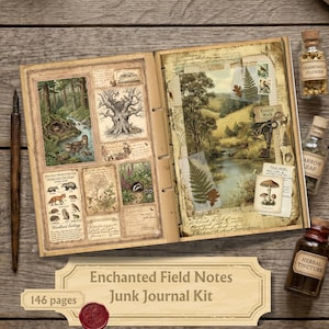 May include: An open junk journal kit featuring vintage-style illustrations of woodland animals, trees, and landscapes, accompanied by a dark wooden fountain pen and three small glass bottles labeled Chamomile Flower, Arrow Leaf, and Herbal Tincture.