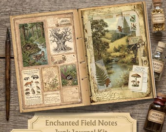 May include: An open junk journal kit featuring vintage-style illustrations of woodland animals, trees, and landscapes, accompanied by a dark wooden fountain pen and three small glass bottles labeled Chamomile Flower, Arrow Leaf, and Herbal Tincture.