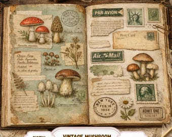 Vintage Mushroom Journal Pages, Fungi Herbarium Collage (Digital Download A4 Size JPGs)