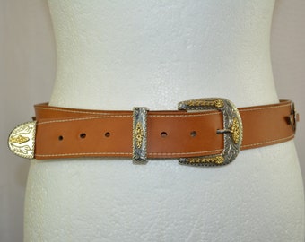 Vintage waist leather belt Brown belt with metal accents