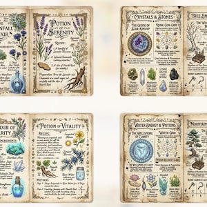 Op de afbeelding: Vier open boeken met illustraties van drankjes, kristallen en kruiden. Elke pagina bevat gedetailleerde tekeningen en handgeschreven tekst, inclusief recepten en ingredi&euml;ntenlijsten. De pagina's hebben een vintage esthetiek.