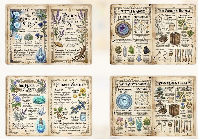 Op de afbeelding: Vier open boeken met illustraties van drankjes, kristallen en kruiden. Elke pagina bevat gedetailleerde tekeningen en handgeschreven tekst, inclusief recepten en ingredi&euml;ntenlijsten. De pagina's hebben een vintage esthetiek.
