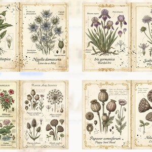 May include: Botanical illustrations of various plants, including Calla Lily, Love-in-a-Mist, Bearded Iris, and Pincushion Flower. Each illustration is accompanied by the plant's scientific name and a decorative border, creating a vintage aesthetic.