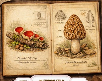 May include: Open book with vintage mushroom illustrations. One page features Scarlet Elf Cup mushrooms, the other a Morel. The text reads "Mushroom Field Notes Kit" and "Digital Download". The book has 20 pages.