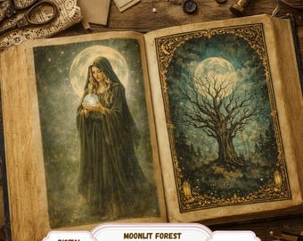 Moonlit Forest Apothecary Junk Journal Pages – vintage kortstondige (digitale download)