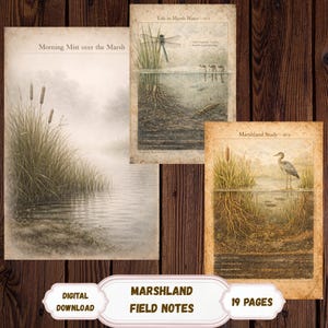 May include: A collection of vintage-style digital prints featuring marshland scenes. The prints include illustrations of a dragonfly, a heron, and marsh plants. The text on the prints reads "Morning Mist over the Marsh", "Life in Marsh Water - 1874", and "Marshland Study - 1874". The image also includes the text "Digital Download", "Marshland Field Notes", and "19 Pages".