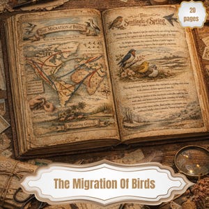 May include: Open book with aged pages, featuring illustrations and text about bird migration. The left page shows a map with migration routes, while the right page has bird illustrations and text. The book is titled "The Migration of Birds".
