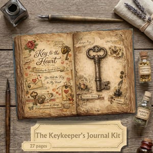 Peut inclure: Un journal ouvert intitulé "Key to the Heart" avec des illustrations de clés antiques. Le journal fait partie du "Keykeeper's Journal Kit" et contient 27 pages. Sont inclus de l'encre, une plume et des petits flacons.