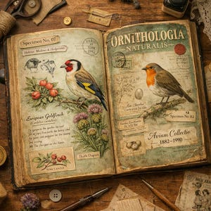 Puede incluir: Libro antiguo abierto con ilustraciones detalladas de aves, incluyendo un Jilguero europeo y un Petirrojo. El libro se titula "Ornithologia Naturalis" y presenta dibujos bot&aacute;nicos y texto manuscrito, con una est&eacute;tica r&uacute;stica y envejecida.