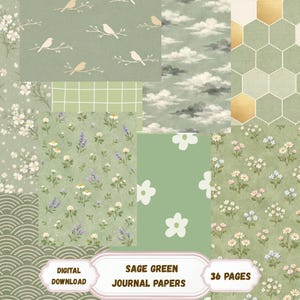 May include: A digital download of sage green journal papers. The image displays various patterns, including birds on branches, clouds, flowers, and geometric shapes. The text on the image reads "Sage Green Journal Papers" and "36 Pages".