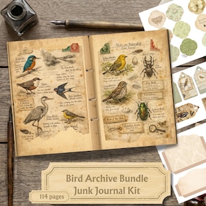 May include: An open vintage journal with bird illustrations, inkwell, and pen. The journal pages feature drawings of various birds, insects, and handwritten text. The title "Bird Archive Bundle Junk Journal Kit" is displayed below the journal. Includes 114 pages.
