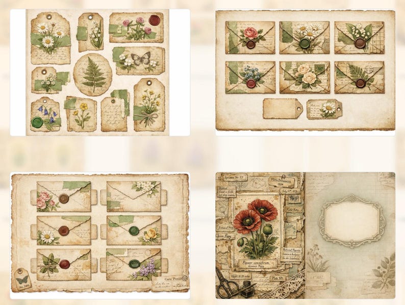 Botanical Junk Journal Kit Printable, Vintage Floral Ephemera, Tags ...