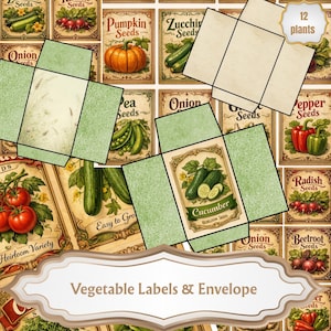 Op de afbeelding: Vintage-stijl groentezaadpakketlabels en enveloppen. De afbeelding toont labels voor verschillende groenten zoals komkommers, pompoenen en radijsjes. De tekst "Vegetable Labels & Envelope" wordt weergegeven.