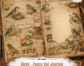 May include: Open journal with vintage-style illustrations of garden birds, flowers, and botanical elements. The journal pages feature handwritten text and the title "Birds - Fussy Cut Journal". The journal has 27 pages.