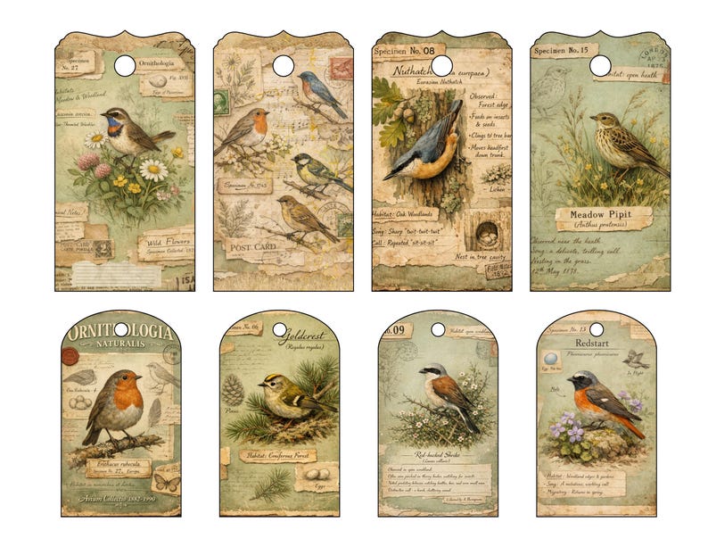 Kit imprimible para diario de archivo de aves del bosque, páginas de ornitología vintage, descarga digital para diario creativo. imagen 8