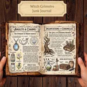 Puede incluir: Diario basura abierto titulado "Witch Grimoire". Las páginas presentan ilustraciones y texto sobre amuletos, talismanes e incantaciones. La página izquierda muestra un colgante, hierbas y aceites. La página derecha tiene una ilustración de árbol y recipientes para hierbas.