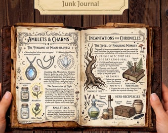 Páginas digitales de diario de brujas con grimorio, libro de hechizos mágicos, hierbas y pociones de brujería.