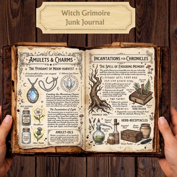 Witch Grimoire Junk Journal Pages, Magic Spell Book , Witchcraft Herbs and Potions Ephemera