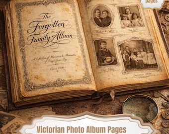 Vintage fotoalbum ongewenste dagboekpagina's, Victoriaanse antieke genealogiedagboekkit