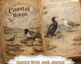 May include: Open vintage journal titled "Coastal Birds" with illustrations of various seabirds, including a cormorant and a gull. The journal features a coastal landscape scene and the text "Coastal Birds Junk Journal."