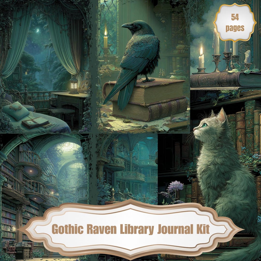 Gothic Raven Library Journal Kit, Vintage Books Ephemera, Dark Study ...