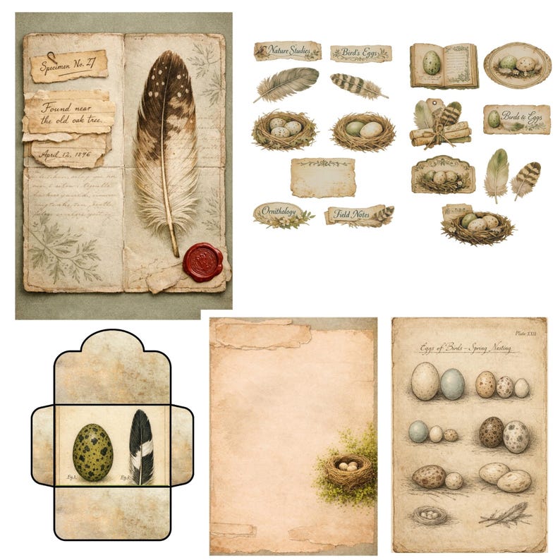 Vintage Avian Feathers and Eggs Printable Junk Journal Pages , Bird ...