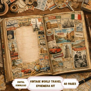 Vintage World Travel Ephemera Kit Postcards, Maps & Destination Journaling Pages, Digital Download