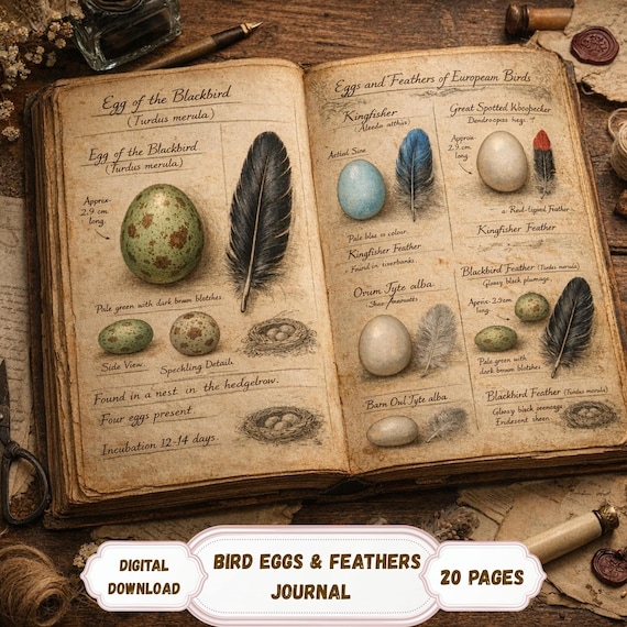 Bird Eggs & Feathers Vintage Printable Journal Pages, Naturalist Archive Ephemera, Antique Ornithology Papers Digital Download