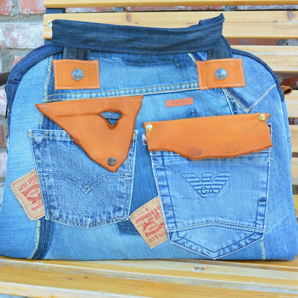 Handmade duffle bag Denim zipper recycled jeans travel bag