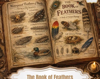 May include: An open book titled "The Book of Feathers" with detailed illustrations of various bird feathers. The pages feature text and diagrams about feather structure and types, with a peacock feather and a duck illustration.