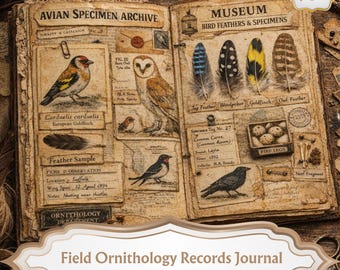 May include: Open journal with avian specimen archive and museum bird feathers and specimens. Features illustrations of birds, feathers, and eggs. Includes text: "Field Ornithology Records Journal" and "45 pages".