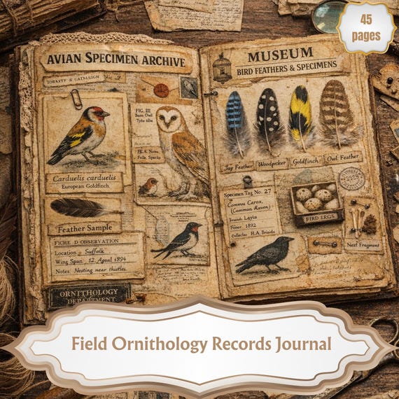 Field Ornithology Records Junk Journal Kit, Naturalist Archive Ephemera, Antique Ornithology Papers Digital Download