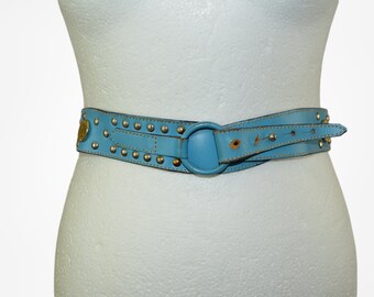 Vintage waist leather belt Blue belt with metal accents