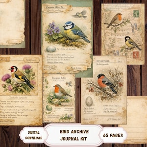 May include: A digital download journal kit featuring vintage-style illustrations of various birds, including a Eurasian Blue Tit, Goldfinch, and European Robin. The kit includes 65 pages with botanical and handwritten elements.
