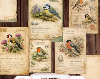 Può includere: Un kit di diario digitale con illustrazioni in stile vintage di vari uccelli, tra cui una Cinciallegra, un Cardellino e un Pettirosso. Il kit include 65 pagine con elementi botanici e manoscritti.