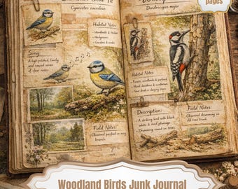 May include: Open junk journal featuring illustrations of woodland birds, including a Eurasian Blue Tit and a Woodpecker. The journal includes handwritten notes, field notes, and the title "Woodland Birds Junk Journal."