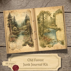 May include: An open junk journal kit featuring two pages with vintage-style illustrations of a forest landscape, a winding river, and pine trees. The pages have torn edges, aged paper textures, and handwritten script text overlays throughout.