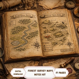 May include: An open book displaying two detailed, vintage-style forest survey maps. The maps feature hand-drawn illustrations of trails, forests, and landmarks. The text "FOREST SURVEY MAPS NOTES KIT" is displayed below the book, along with "DIGITAL DOWNLOAD" and "17 PAGES".