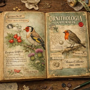 Puede incluir: Libro antiguo abierto con ilustraciones detalladas de aves, incluyendo un jilguero europeo y un petirrojo. Las p&aacute;ginas presentan dibujos bot&aacute;nicos, texto manuscrito y el t&iacute;tulo "Ornithologia Naturalis."