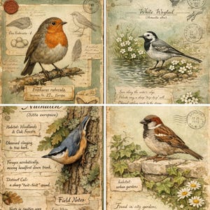 Puede incluir: Cuatro ilustraciones de aves de estilo vintage sobre papel envejecido. Las im&aacute;genes presentan un petirrojo, una lavandera blanca, un trepador azul en un &aacute;rbol y un gorri&oacute;n. Cada imagen incluye detalles bot&aacute;nicos y notas manuscritas.