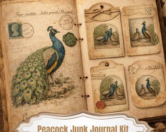 Può includere: Diario aperto con illustrazioni di pavoni vintage ed effimeri. La pagina sinistra presenta un disegno dettagliato di un pavone con testo. La pagina destra ha diversi tag con immagini di pavoni. Il testo "Peacock Junk Journal Kit" è in basso.